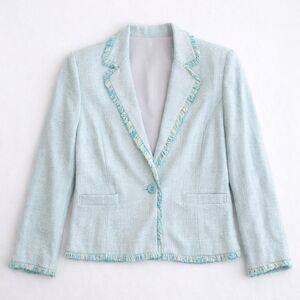 BIGIO Collection Y2K Soft Aqua Tweed Fringe Trim Single Breasted Spring Blazer